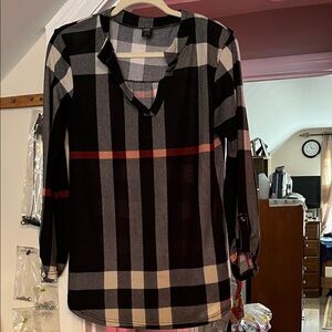 Elegant Checkered Blouse - Black, Red, and Cream